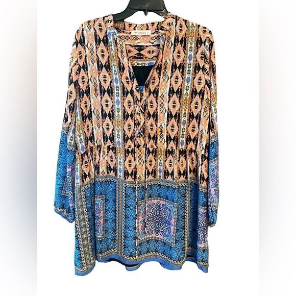Izzy & Lola Sz M Blue Orange Aztec Southwestern Print Relaxed Lined Tunic - Picture 1 of 8